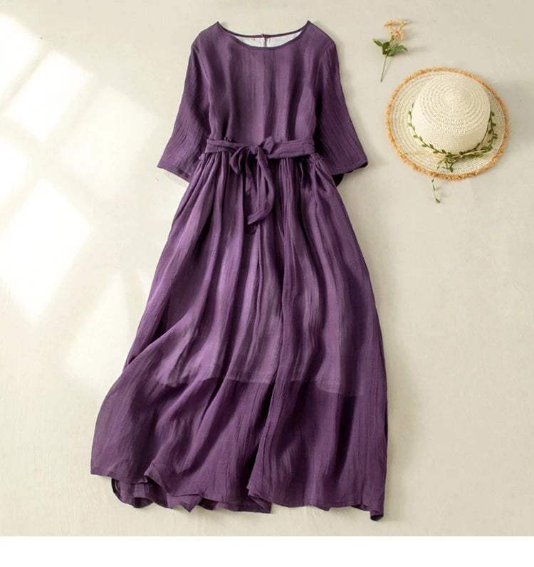 Women’s Summer Lightweight Cotton Dress – Long Sleeve Loose Waist A-Line Retro Dress with Belted Splice