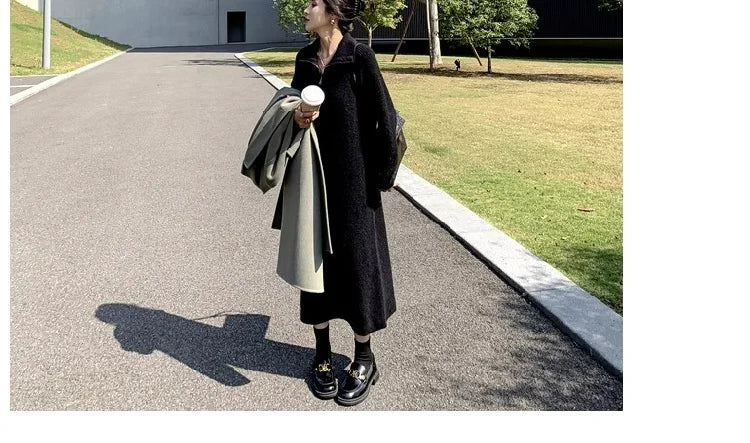 2025 Spring Autumn Knitted Midi Dress for Women | Long Sleeve Loose Fit Base Layer Straight Cut Polyester Dress