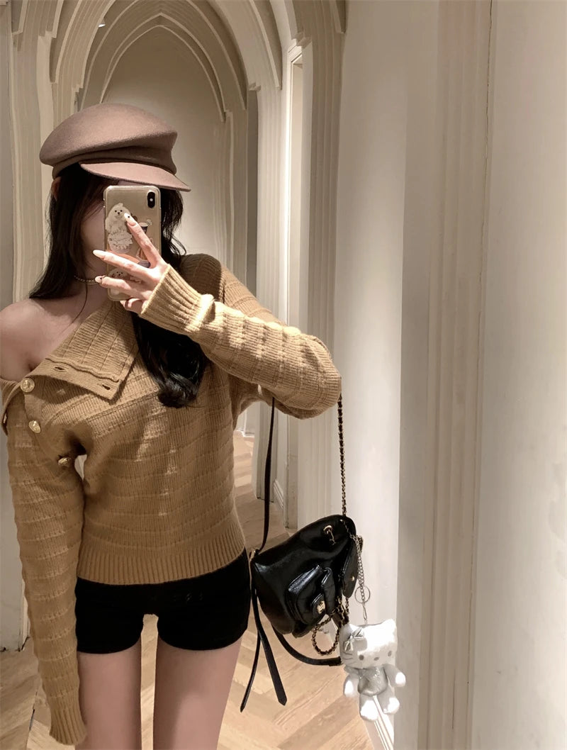 Ele Gold Button Knitted Shoulder-Bared Sweater – Slim Fit Crew Neck Long Sleeve Women Top | Spring Autumn