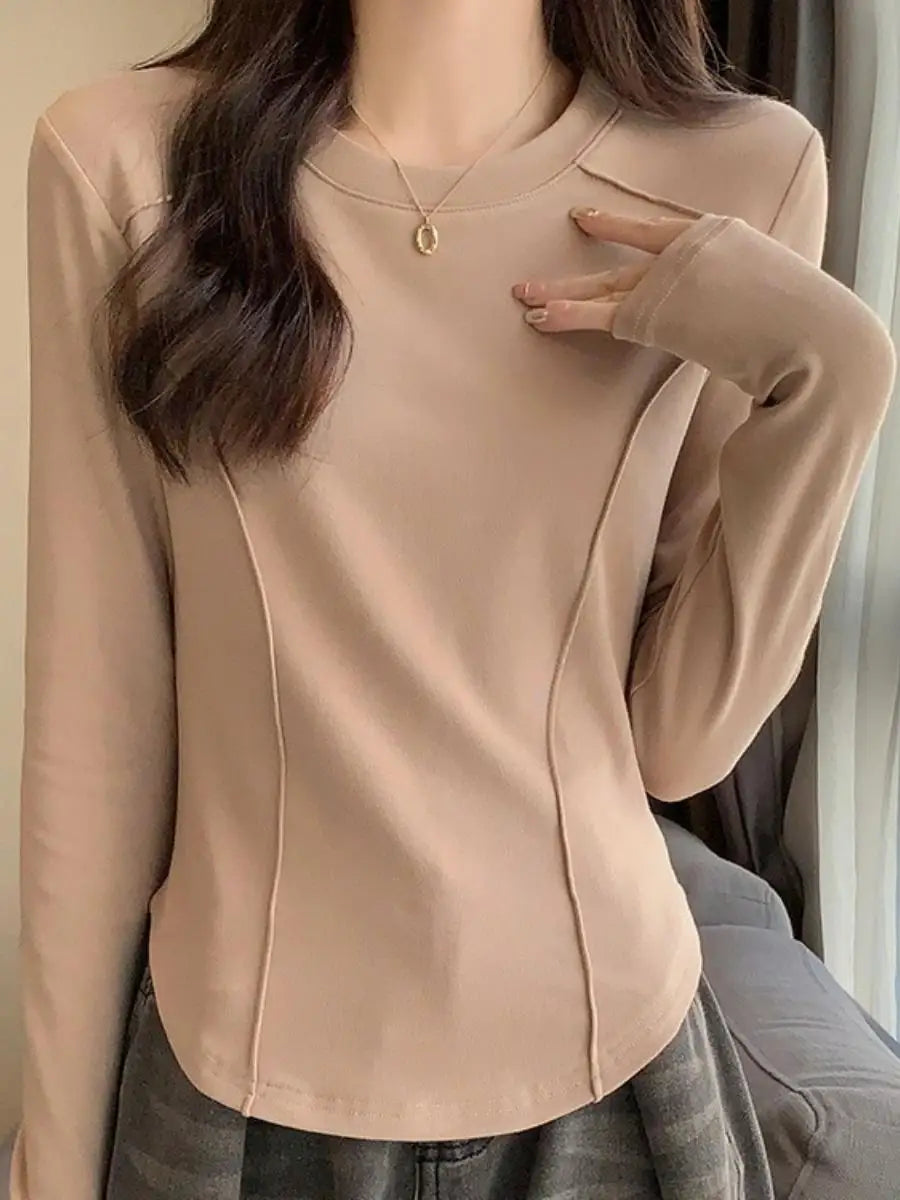 Women's Long Sleeve Velvet Base Shirt 👚 Slim Fit Round Neck T-Shirt ✨ Pure Color Winter Fashionable Top ❄️