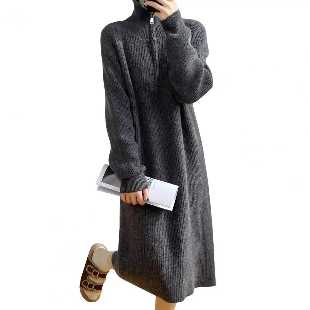 Winter Sweater Midi Dress – Zipper Turn-Down Collar, Long Sleeve Loose Knitted Dress with Striped Texture | Pure Color Warm Dress