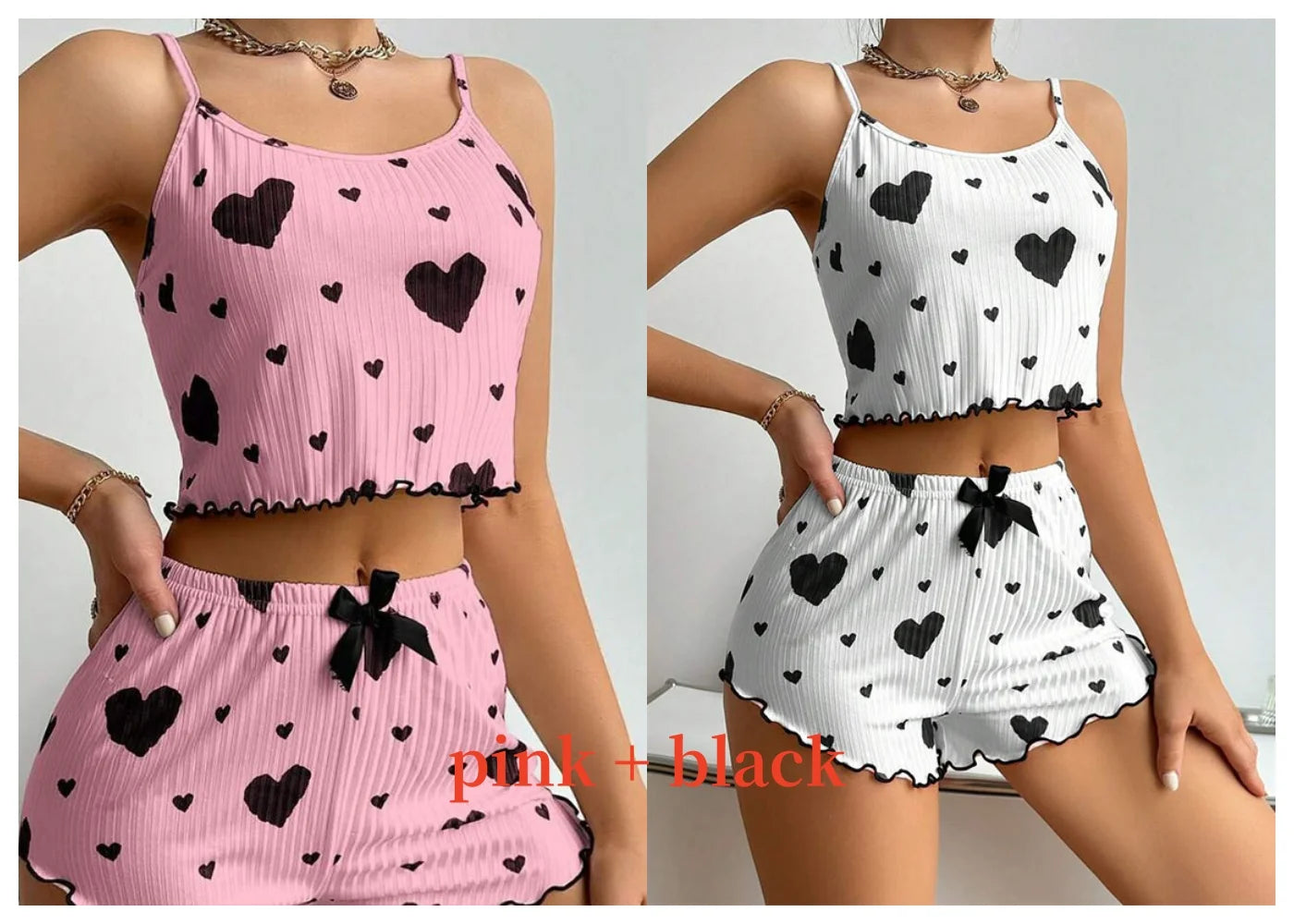 Women’s 2-Piece Pajamas Set – Short Tank Top & Shorts Sleepwear, Soft Casual Ventilated Loungewear with Love Print