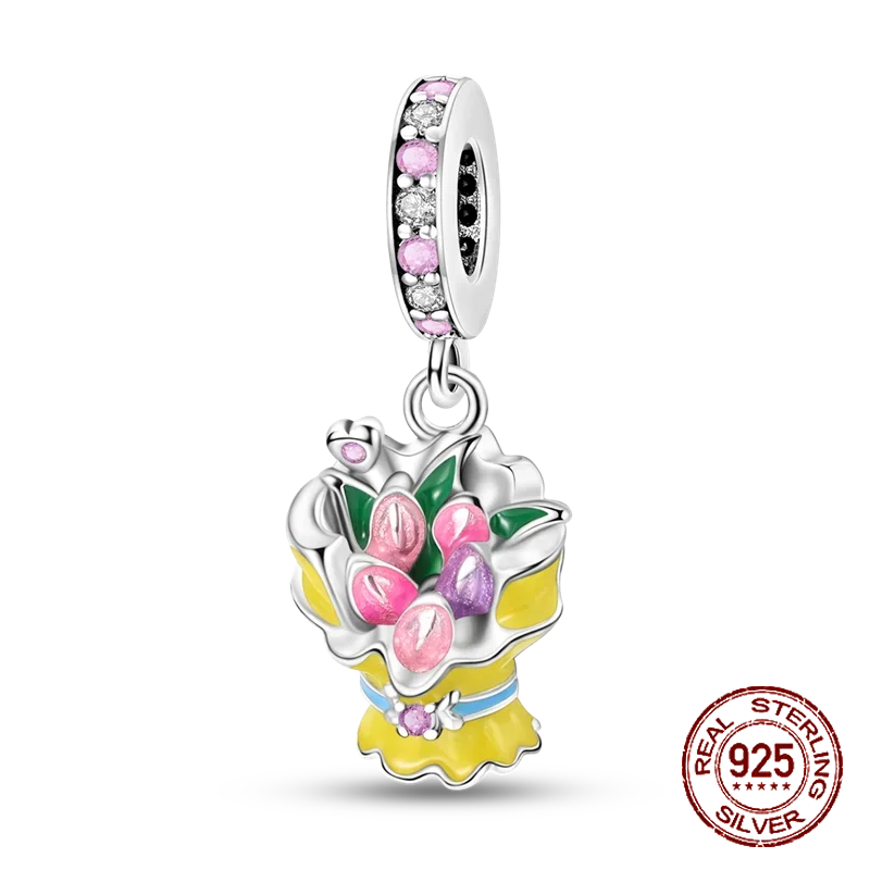 925 Sterling Silver Purple Flower & Butterfly Dangle Charm | Bead for 4MM Bracelet or Necklace DIY Jewelry Gift