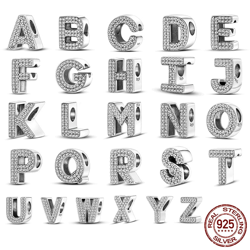 925 Sterling Silver A-Z Alphabet Letter Beads | LOVE Initial Charms | Fit Original Pandora Bracelet | CZ Zircon Jewelry