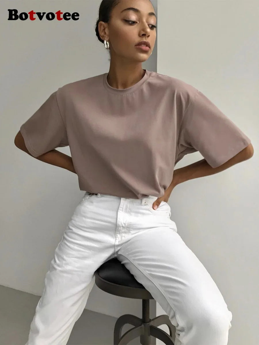Botvotee 21 Colors Oversized Basic T-Shirts for Women | 100% Cotton Casual Summer Tops | Solid Color Loose Fit Tees