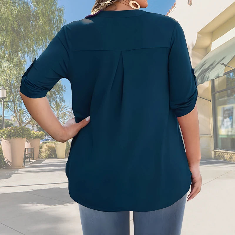 2025 Women’s Plus Size Summer Blouse – Casual V-Neck Button-Front Loose Fit Short Sleeve Top