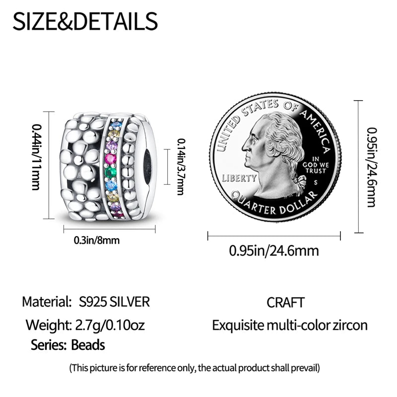 925 Sterling Silver Pave Clip Charms with Safety Chain | Colored Beads Stopper Clasp Fit Original Pandora Bracelet Jewelry