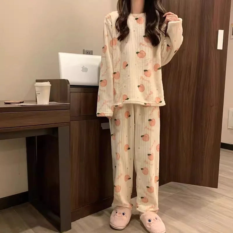 Adorable Sweet Coral Fleece Thiened Autumn Winter Loungewear Set – Women’s Casual Home Clothes | Long Pants Comfortable Leisurewear