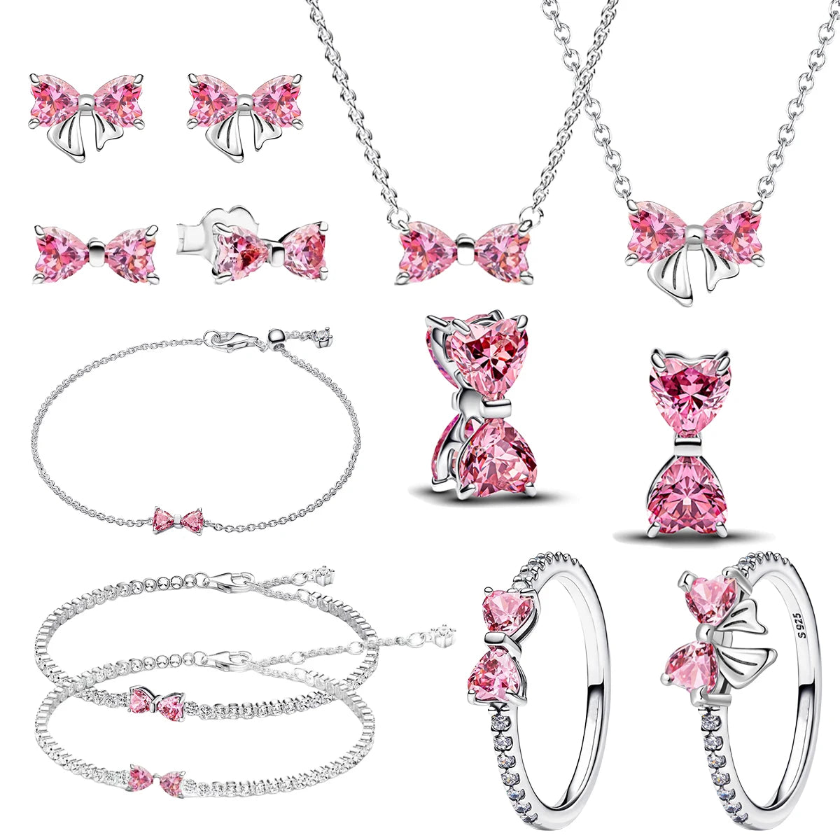 925 Sterling Silver Pink Bow Jewelry Set – Charms, Rings, Earrings & Necklace Beads for Women