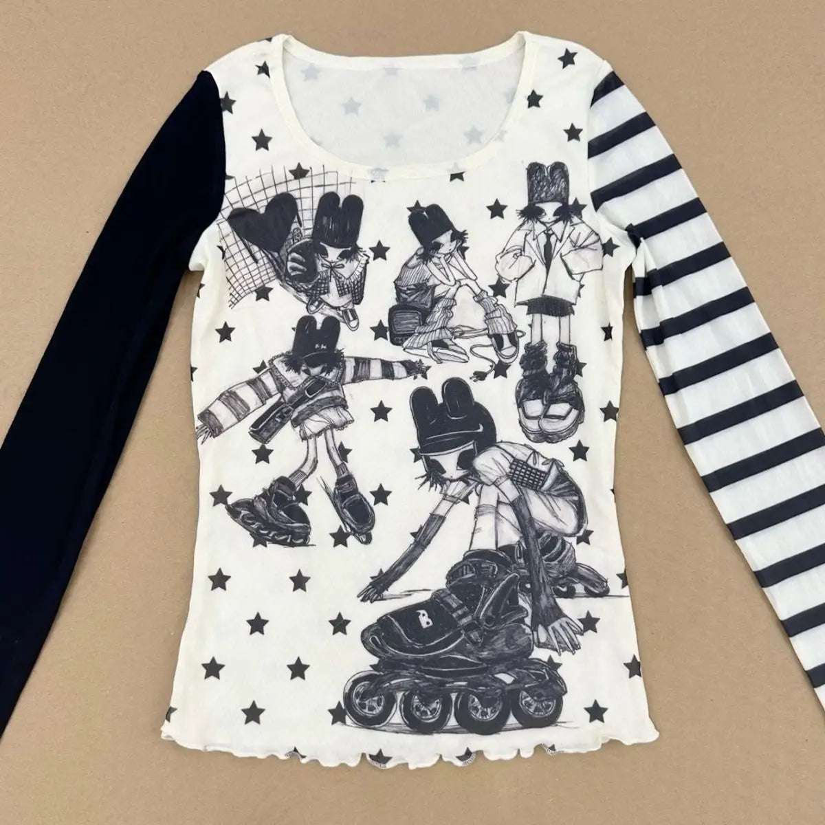 Y2K Star Striped Asymmetric Slim Fit Long Sleeve T-Shirt | Trendy Women’s Street Style Moisture-Wicking Base Top