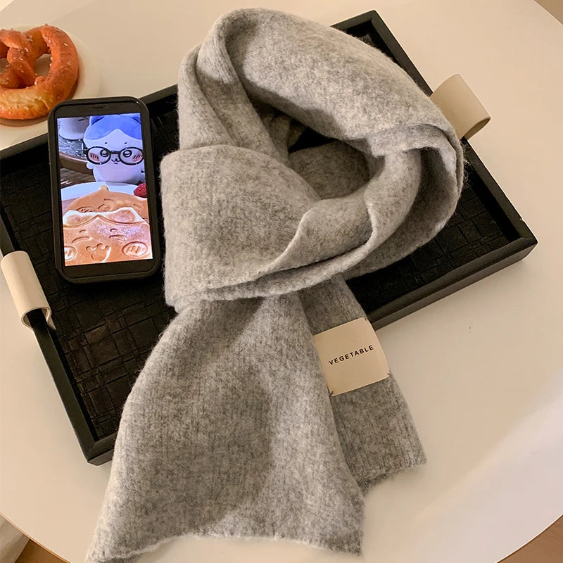 Warm Wool Blend Blue Knitted Scarf – Women’s Korean Style Winter Neck Warmer | Long Rectangle Color Scarf