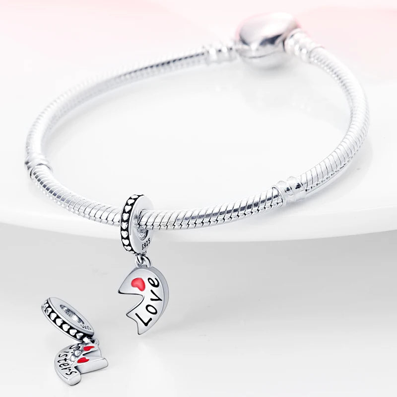 925 Sterling Silver Sweetheart Sister Charm | Fit Original Pandora & 3mm Bracelets DIY Jewelry Gift for Women