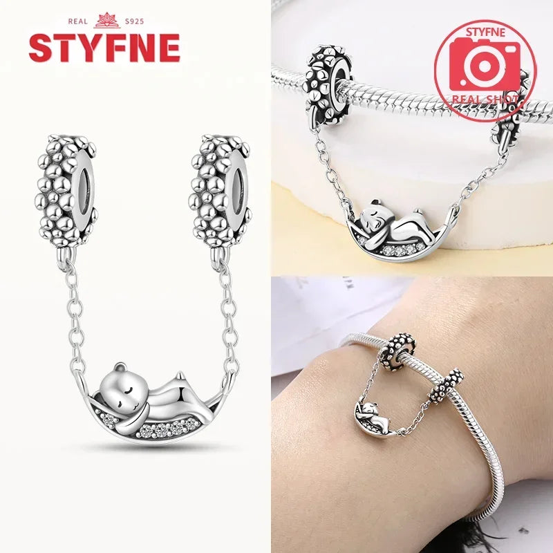 S925 Silver Cute Cat Heart Bead Safety Chain Fit Original Bracelet