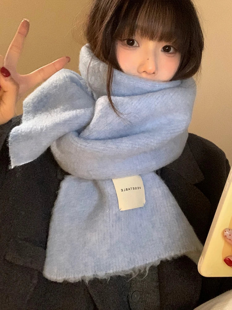 Warm Wool Blend Blue Knitted Scarf – Women’s Korean Style Winter Neck Warmer | Long Rectangle Color Scarf