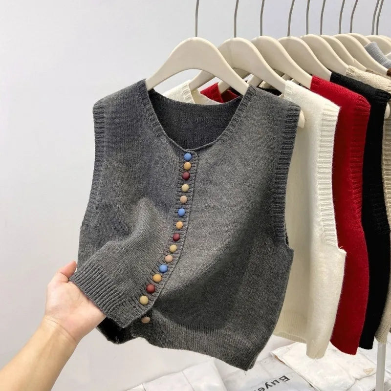 Women’s Rainbow Knit Sweater Vest | Autumn V-Neck Cardigan | Soft Button-Up Loose WaistcoatWomen’s Rainbow Knit Sweater Vest | Autumn V-Neck Cardigan | Soft Button-Up Loose Waistcoat