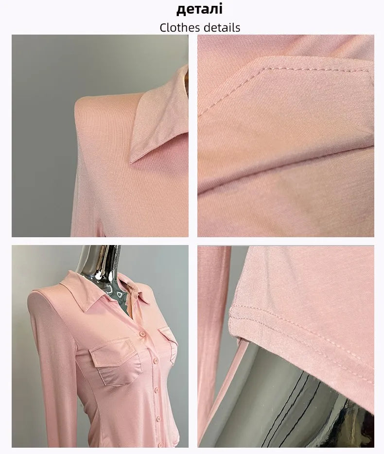 Sexy Button-Up Slim Fit Blouse – Women’s Early Autumn Korean Style Double Pocket Swing Top