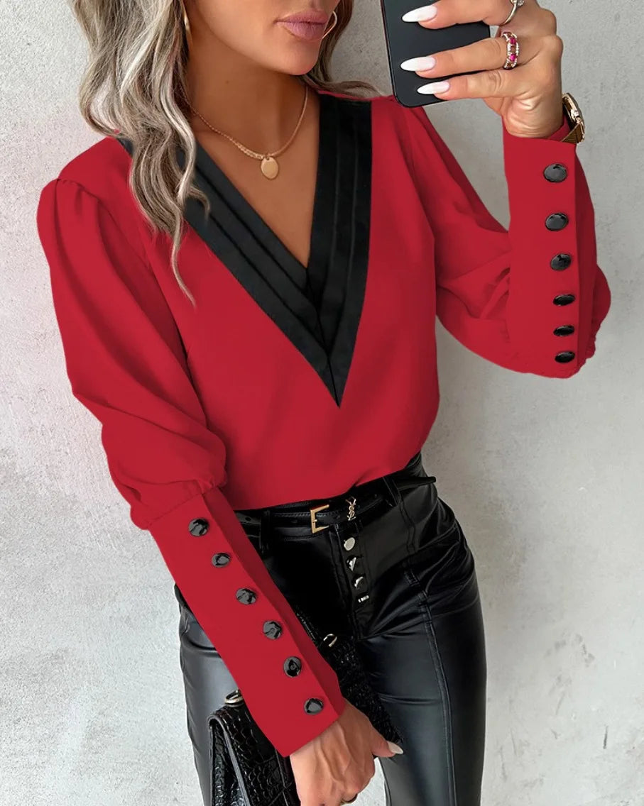 Office Ladies V-Neck Button Shirt – Spring Autumn 2024 Fashion Long Sleeve Blouse for Women