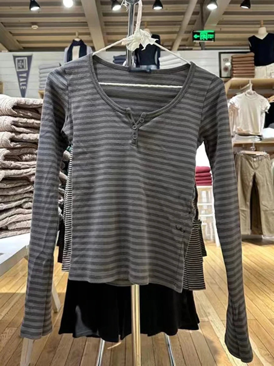 Women’s Pink Striped Slim Long Sleeve Tee | Casual Cotton O-Neck T-Shirt | Sweet Vintage Y2K Top