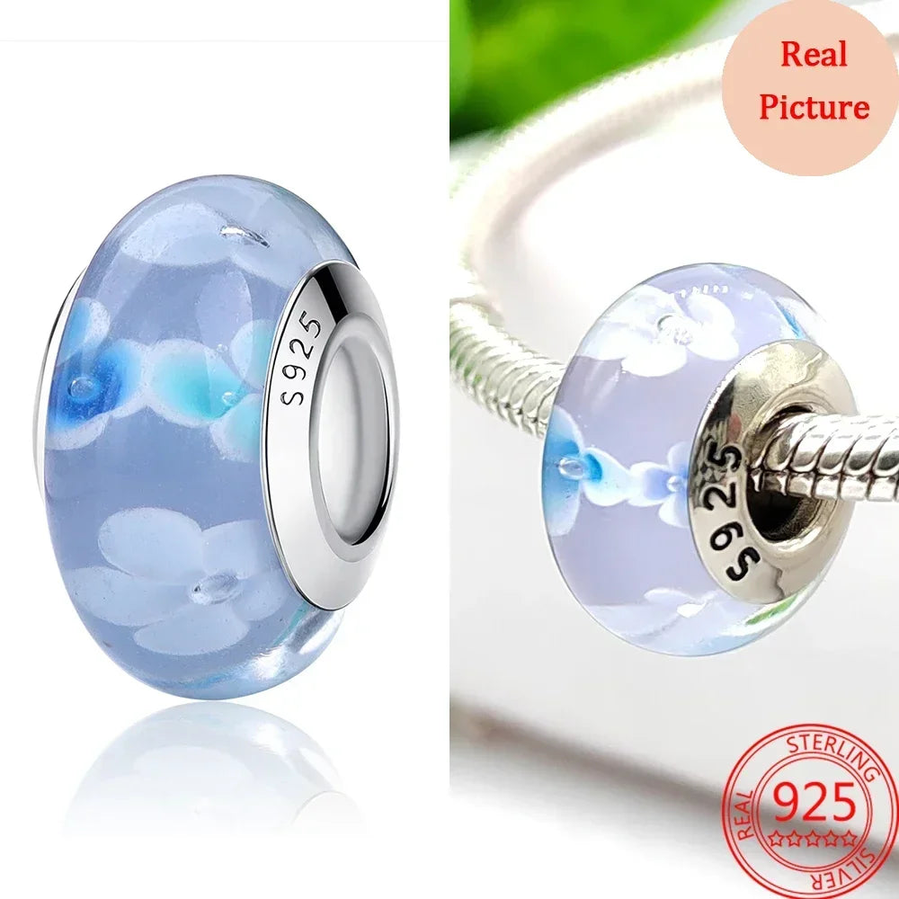 925 Sterling Silver Murano Glass Galaxy & Clover Heart Beads | Fit Pandora Bracelet DIY Jewelry Gift for Mum