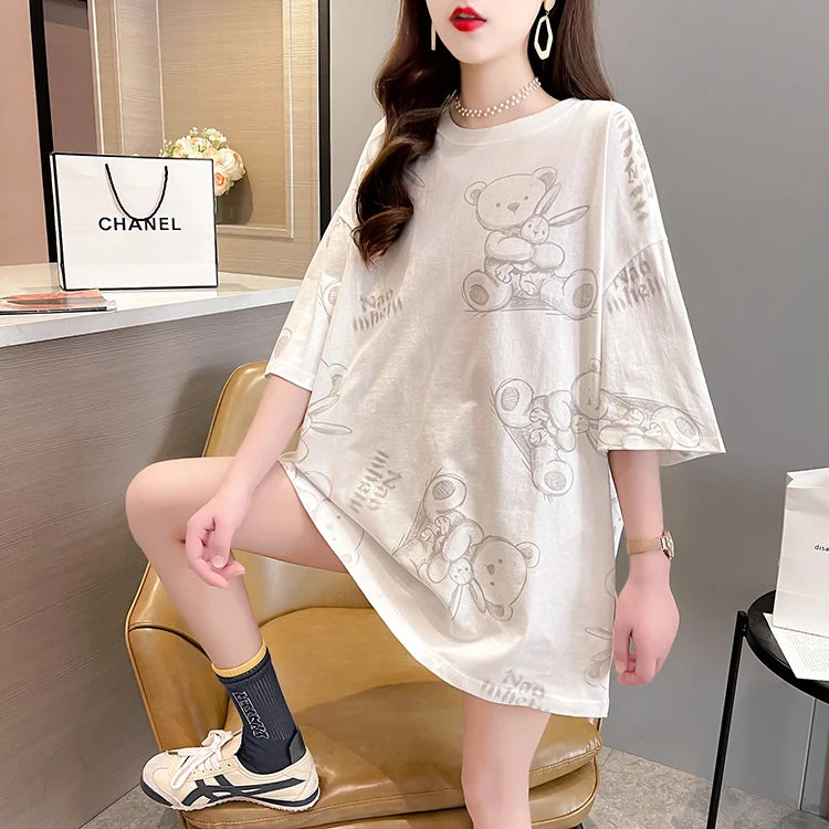 Plus Size Women’s Cartoon T-Shirt | Summer Loose Fit Top | Korean Style Short Sleeve Round Neck