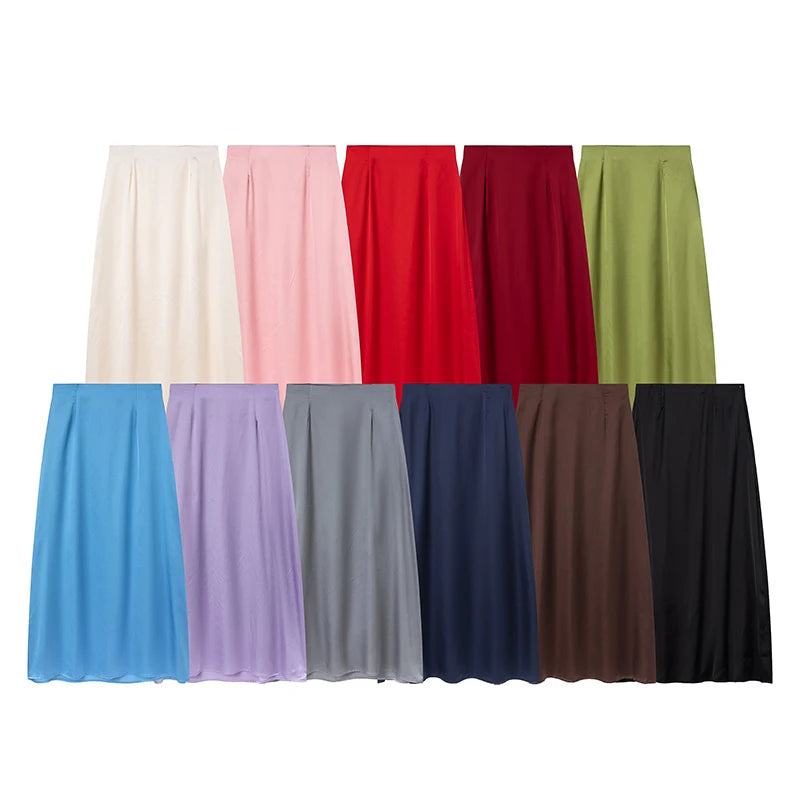2024 Women’s Fashion Satin High Waist Midi Skirt – Stylish, Chic & Versatile Female Skirt
