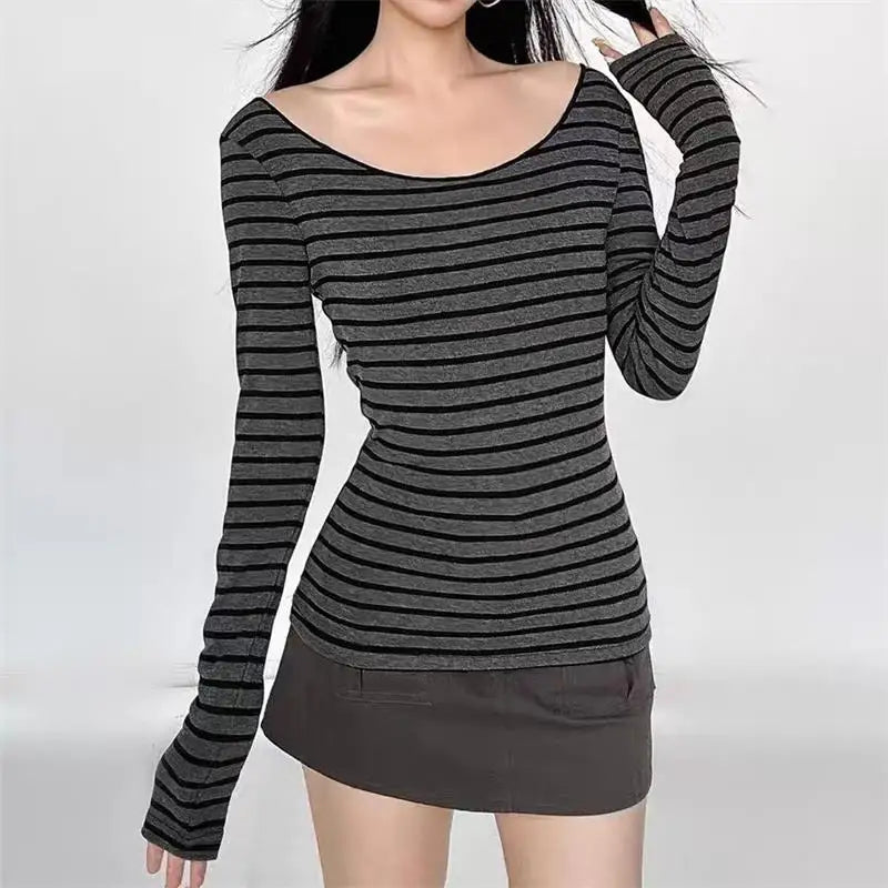 Y2K Grunge Emo Vintage Striped Off Shoulder Long Sleeve Top for Women – Black Grey Retro Goth Tee
