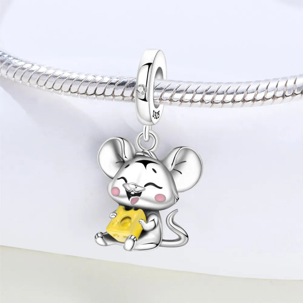 PANPOKI 925 Sterling Silver Cute Mouse Eating Cheese Charm Pendant | Original Bracelet DIY Jewelry Gift for Women