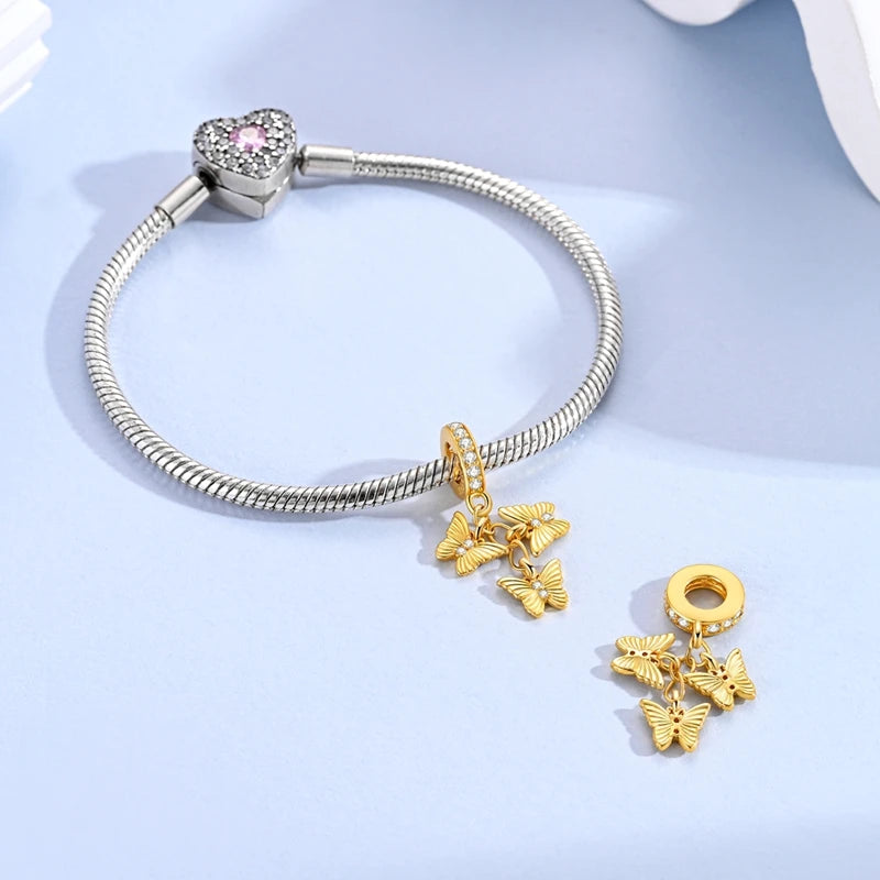 925 Sterling Silver Gold Charms Beads | Leopard, Butterfly, Firefly & Bee Dangle Fit Original Bracelet Women DIY Jewelry Gift