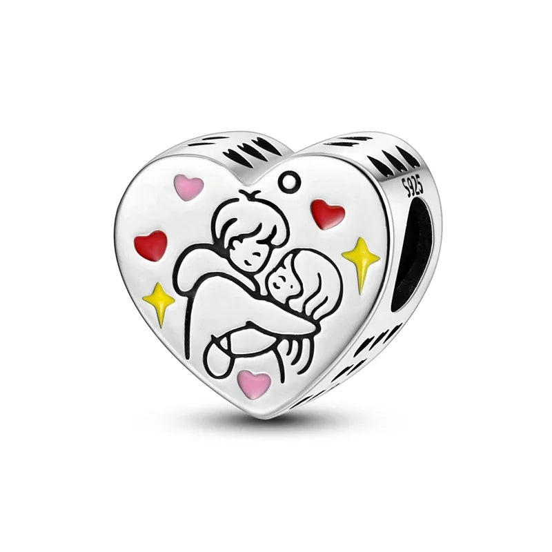 925 Sterling Silver Heart Shaped Warm Family Charm Beads Butterfly Flower Pendant