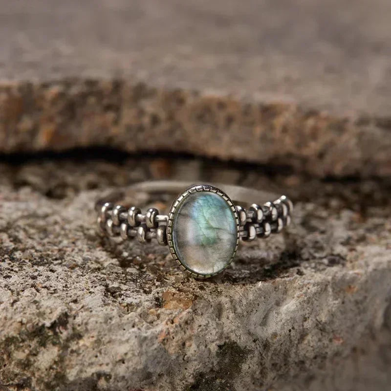 S925 Sterling Silver Gear Chain Ring with Black Onyx – Vintage Punk Style Unisex Jewelry Gift for Men & Women