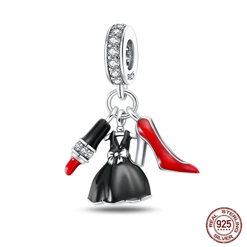 925 Sterling Silver Fashion Life Series Charms – High Heels, Lipstick, Dress & Perfume Beads Fit Pandora Bracelets DIY