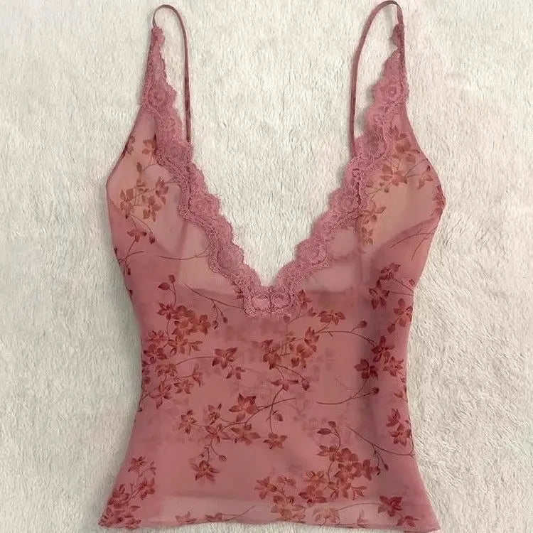 2025 Summer Women’s Floral Halter Lace Blouse – Vintage Sexy Slim Fit Korean Fashion Top