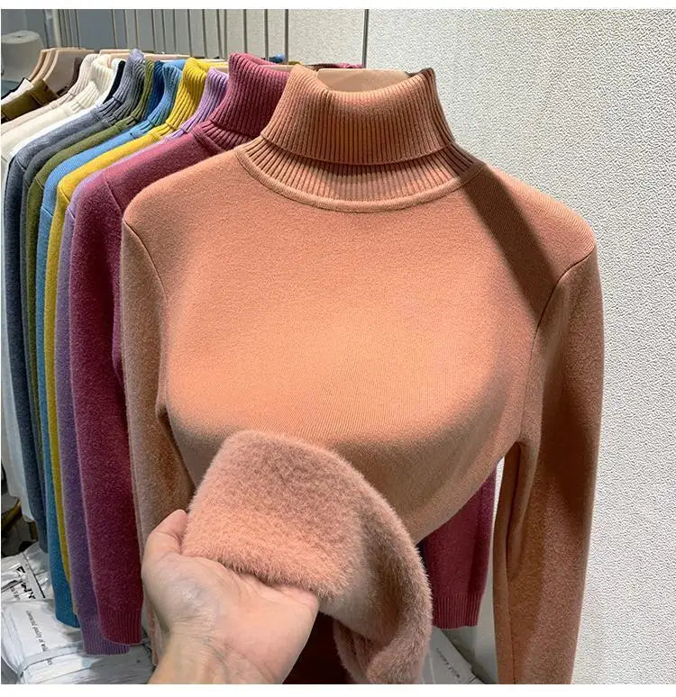2025 Women’s High Collar Pullover Sweater – Thick Warm Soft Winter Top | Solid Color Bottoming Shirt