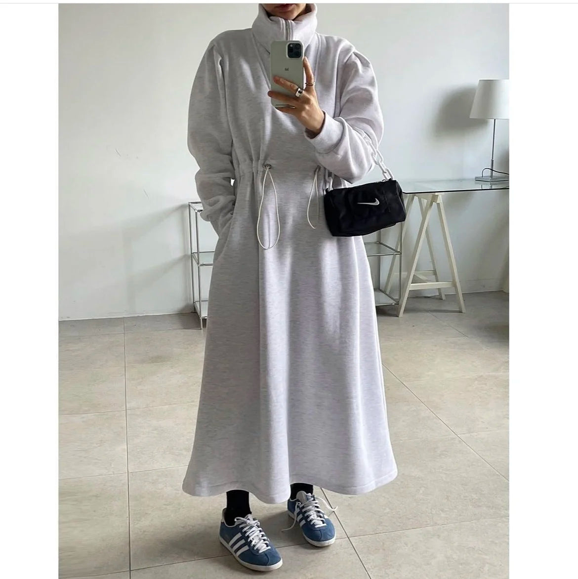 Chic Autumn Long Sve Dstring Waist Slim A-Line Dr Hoodie Women's Faionable Youthful f Open Collar Dr