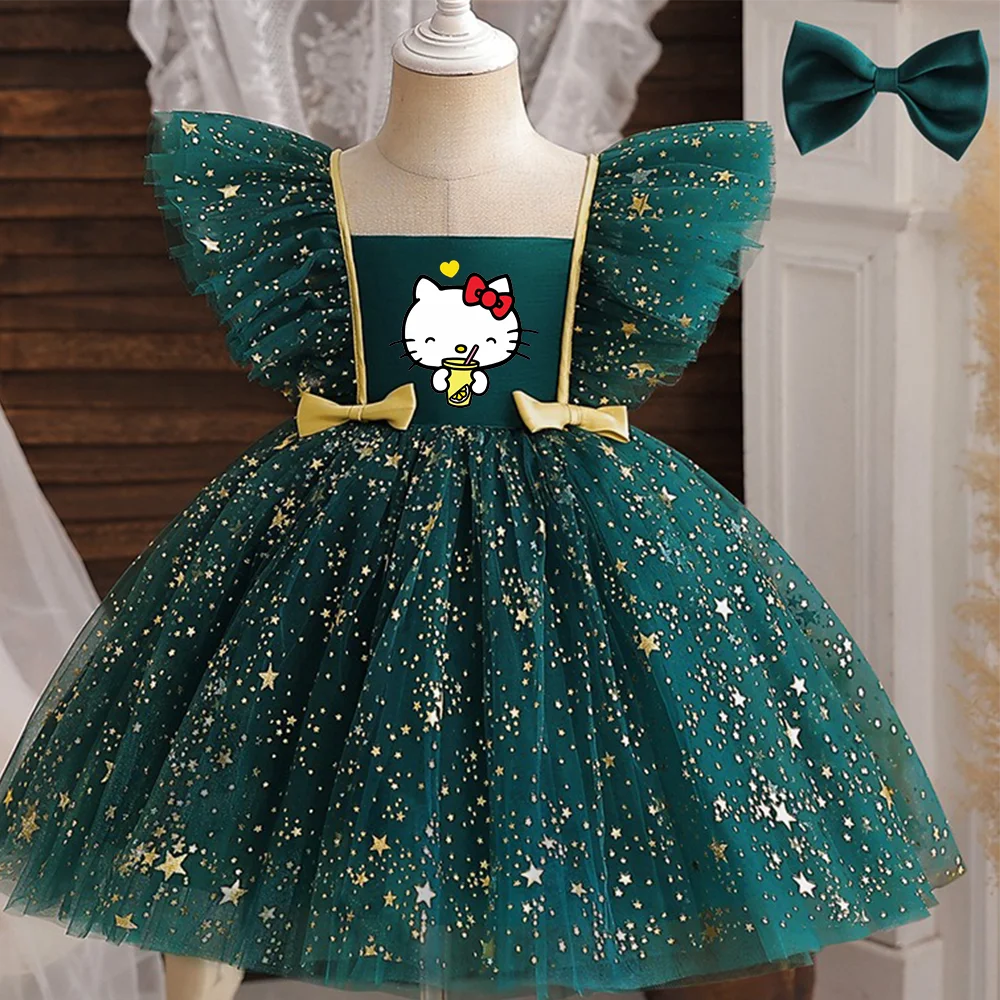 ✨ Hello Kitty Princess Dress for Girls 👑 Sequined Star Tutu Gown 🎀 Ruffle Bow Kids Party & Prom Dress