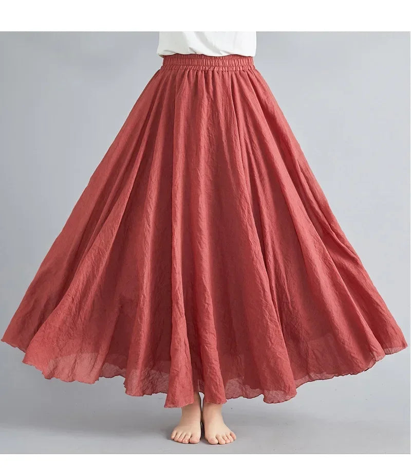 Fashion Solid Cotton Linen Women Maxi Skirt – Elegant Harajuku Casual Loose Long Skirt 👗✨