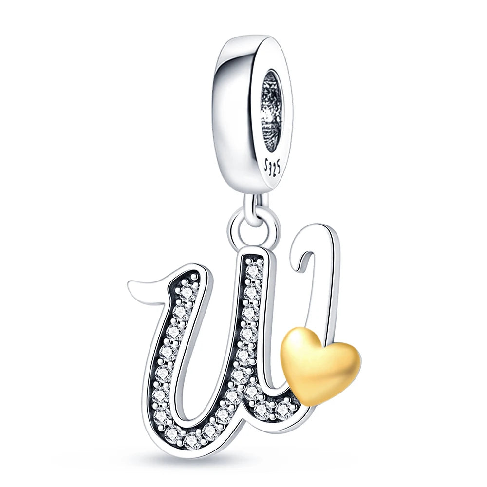 925 Sterling Silver A–Z Alphabet Letter Charms | Gold Heart Beads Fit Original Pan Bracelet | DIY Jewelry Accessories