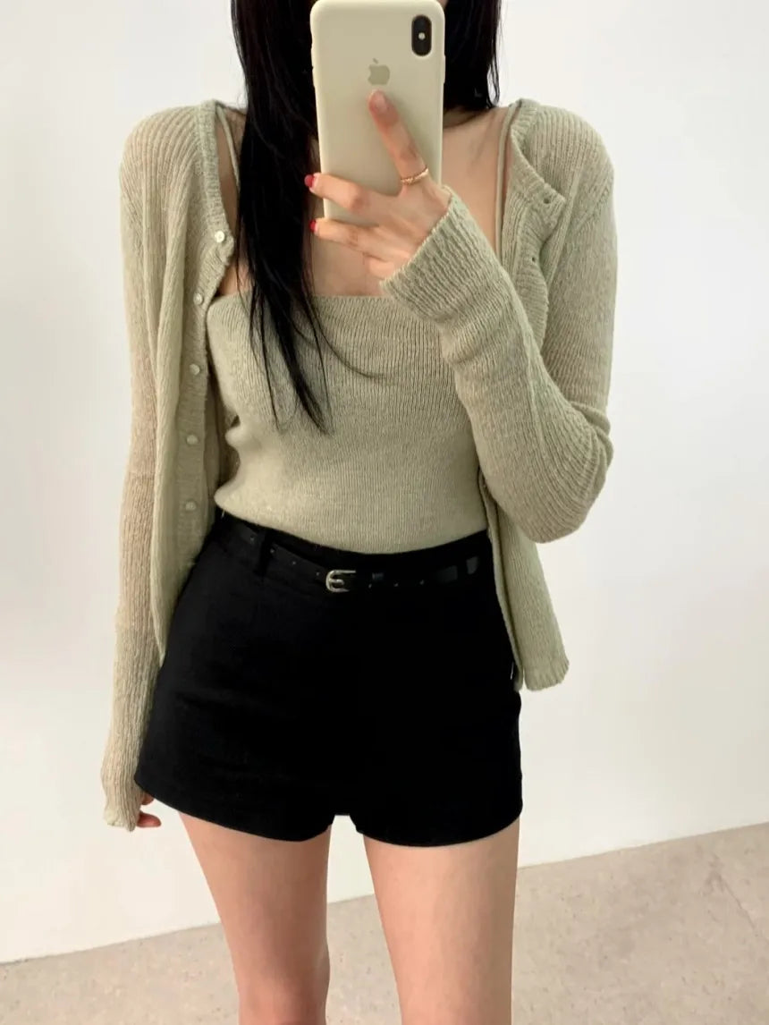 Simple round Ne Button up Knit Sweater Strap Set Casual Sle Polyester Fiber Open Cardigan for Women Autumn Winter ential