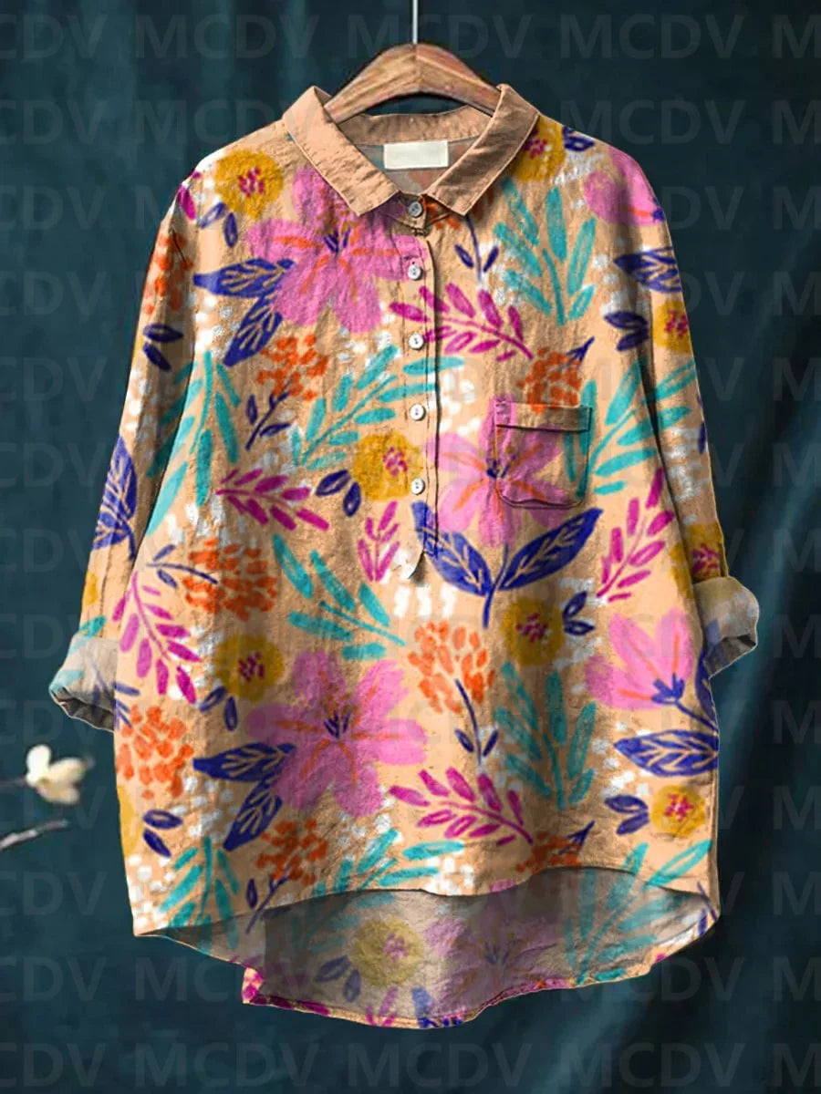 Women’s Cat Print Casual Long Sleeve Shirt – Stand-Up Collar Vintage Indian Ethnic Style Top