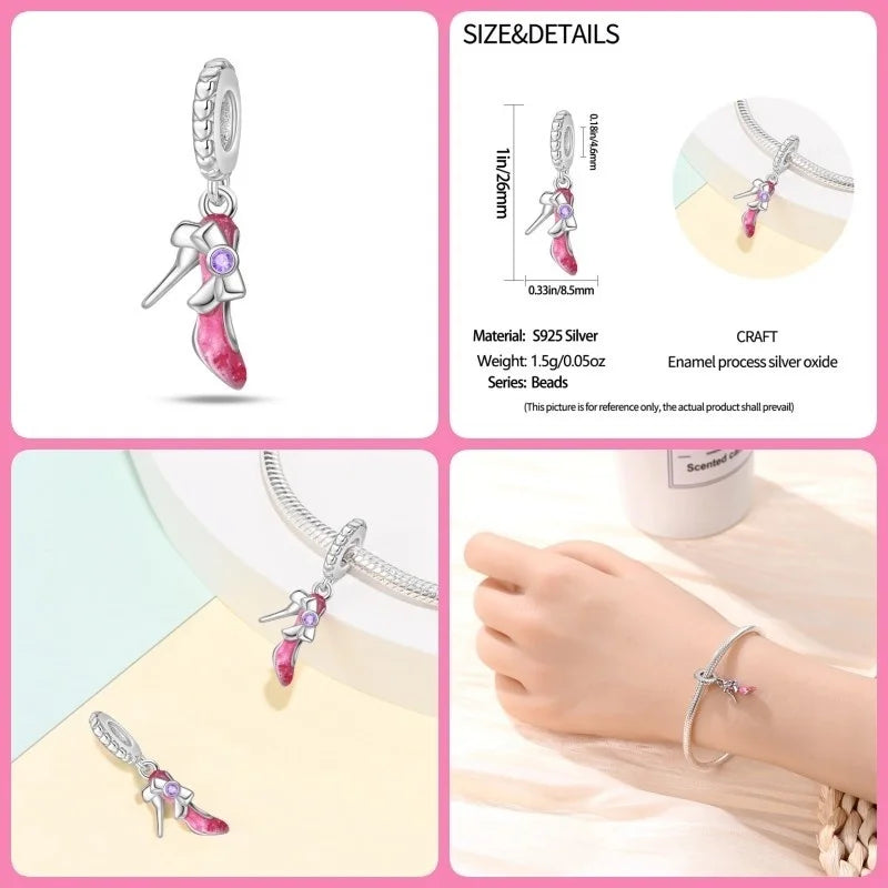 925 Sterling Silver Romantic Princess Charm Beads – Pink Dress, Lipstick & Dancing Shoes Fit 3MM Bracelet