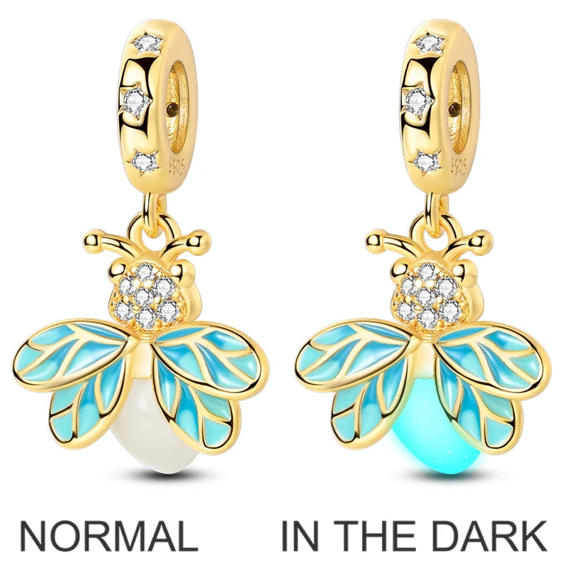 925 Sterling Silver Gold Charms Beads | Leopard, Butterfly, Firefly & Bee Dangle Fit Original Bracelet Women DIY Jewelry Gift