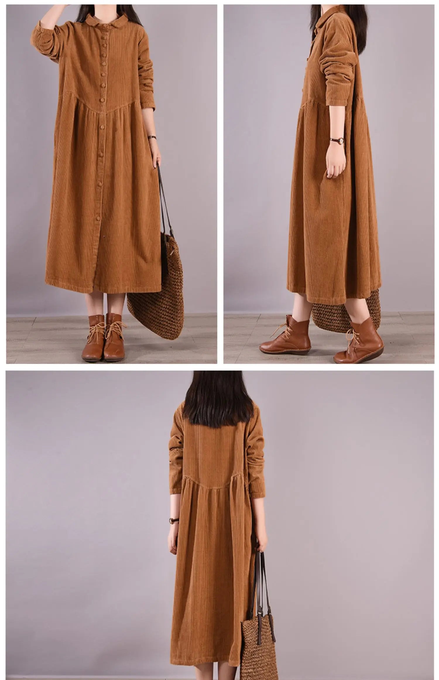 Retro Japanese Style Long Sleeve Corduroy Dress – Thick Fleece-Lined A-Line Winter Dress for Women | Solid Color