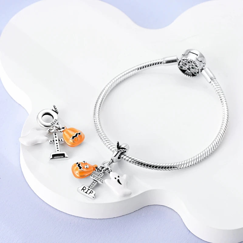 Halloween 925 Sterling Silver Charms | Pumpkin Skeleton Witch Bat Beads for Bracelet DIY Jewelry