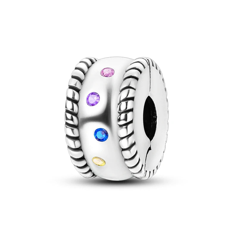 925 Sterling Silver Pave Clip Charms with Safety Chain | Colored Beads Stopper Clasp Fit Original Pandora Bracelet Jewelry