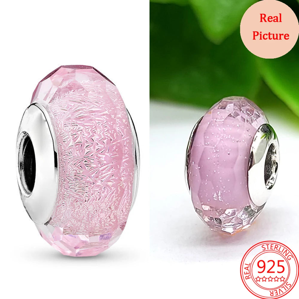 925 Sterling Silver Murano Glass Galaxy & Clover Heart Beads | Fit Pandora Bracelet DIY Jewelry Gift for Mum