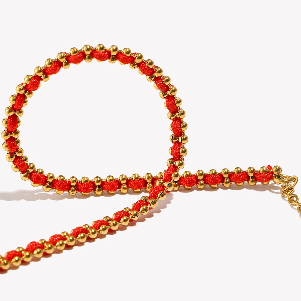 E.B.belle Lucky Red Rope Bracelet | 18K Gold Plated Stainless Steel Round Beads Unisex Fashion Jewelry Gift