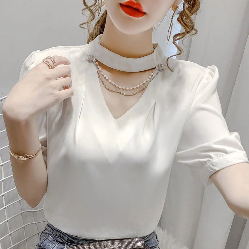Women’s Summer Puff Sleeve O-Neck Blouse – Solid Pearl Casual Fashion Top WY0227 🌸✨