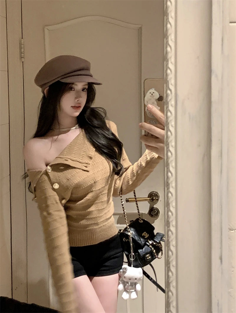 Ele Gold Button Knitted Shoulder-Bared Sweater – Slim Fit Crew Neck Long Sleeve Women Top | Spring Autumn
