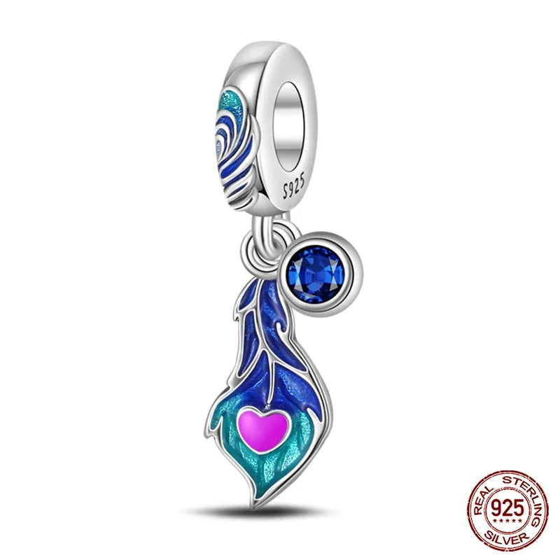 925 Sterling Silver Blue Series Charm | Dragonfly, Butterfly, Bird & Pansy Flower Pendant for 4MM Bracelet