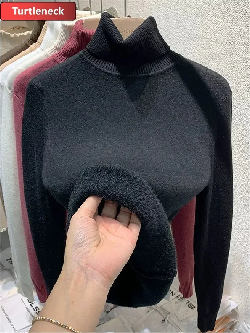 Women Winter Thicken Turtleneck Sweater – Slim Knit Plush Velvet Lined Warm Pullover Jumper